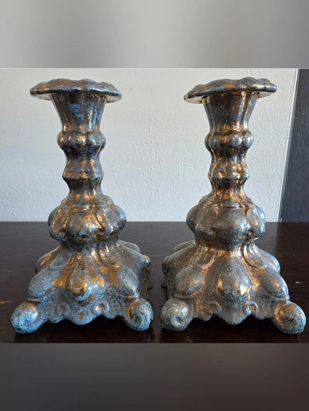 Home Accents Blue and Gold Distressed Ceramic Candlestick Pair